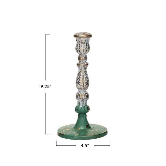 Hello Honey® 9.25" Green, Gold and Cream Distressed Cast Metal Taper Candleholder